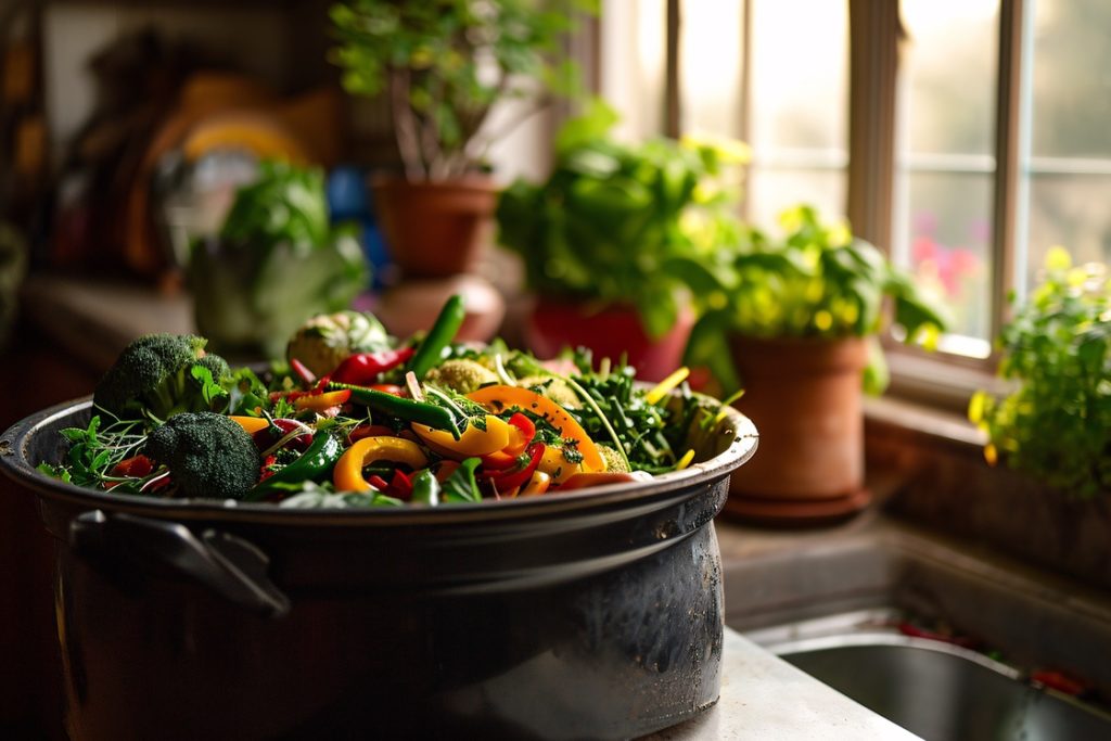 Giant pot of stir-fried vegetables on counter to represent large-volume recipe