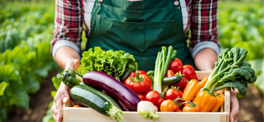 Woman holding box full of raw fruits and vegetables