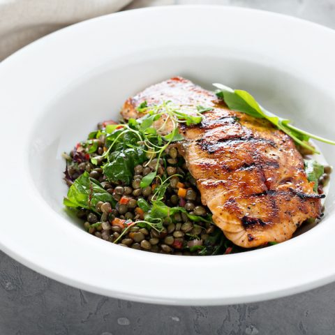 Tosca Reno's grilled salmon with asparagus and lentils